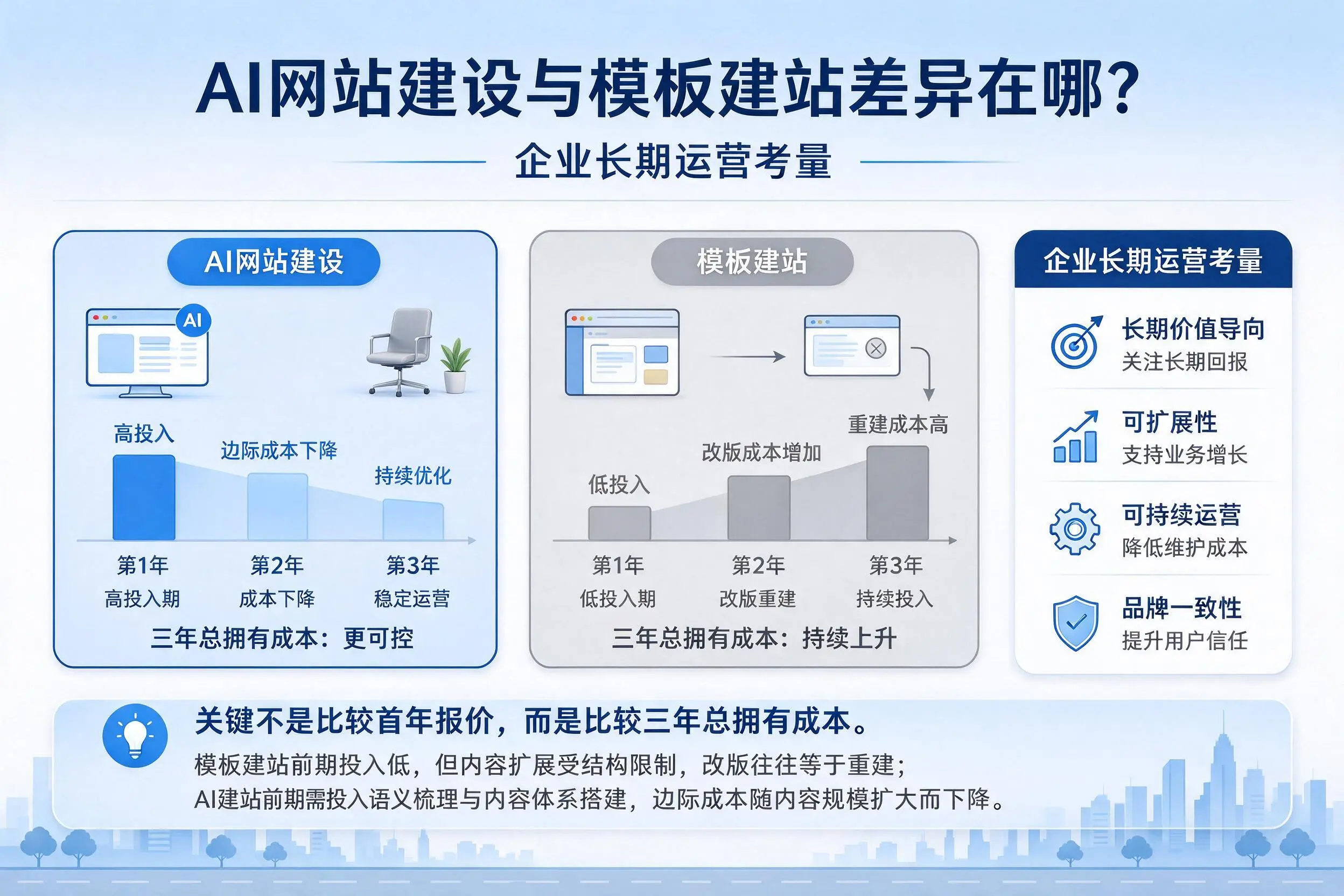 AI网站建设与模板建站差异在哪？焦作企业长期运营考量